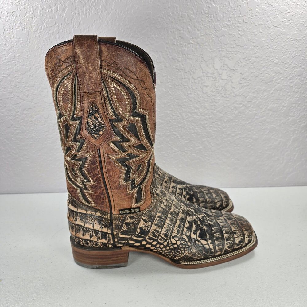 NEW Cowboy County Boots Mens 7.5 Exotic Alligator Print Brown Leather Sqaure Toe